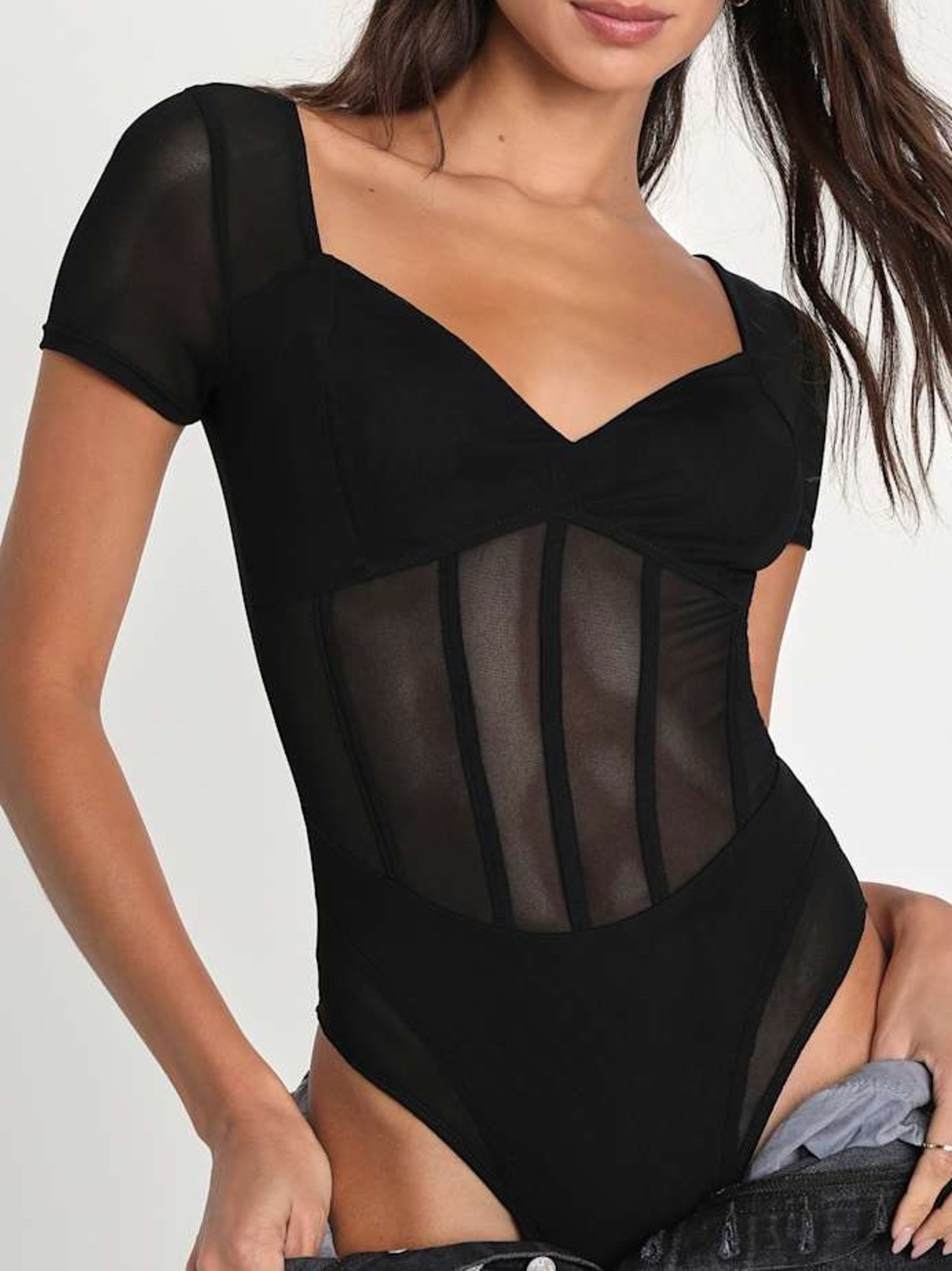 Lulus Hold Me Near black short-sleeve mesh bustier bodysuit
